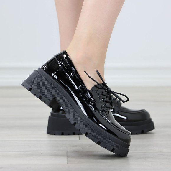 Chunky Penny Loafers Black Lug Sole Slip On Platform Patent Black Lace Up - Picture 11 of 14